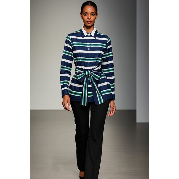 Carolina Herrera Striped Cotton Belted Shirt Dress Top 2 Multicolor Button Down - Picture 15 of 15